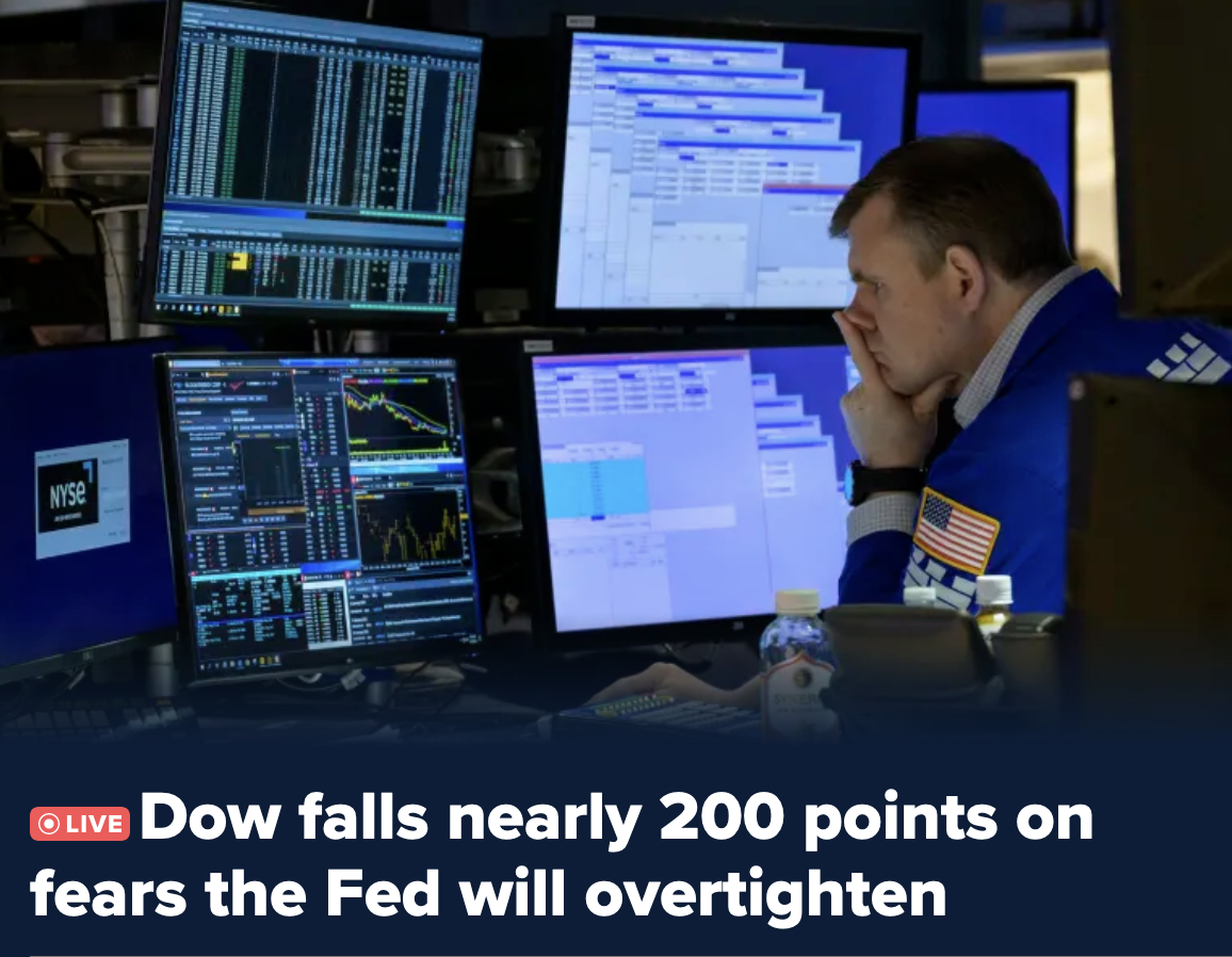 Dow falls on fears the Fed will over tighten
