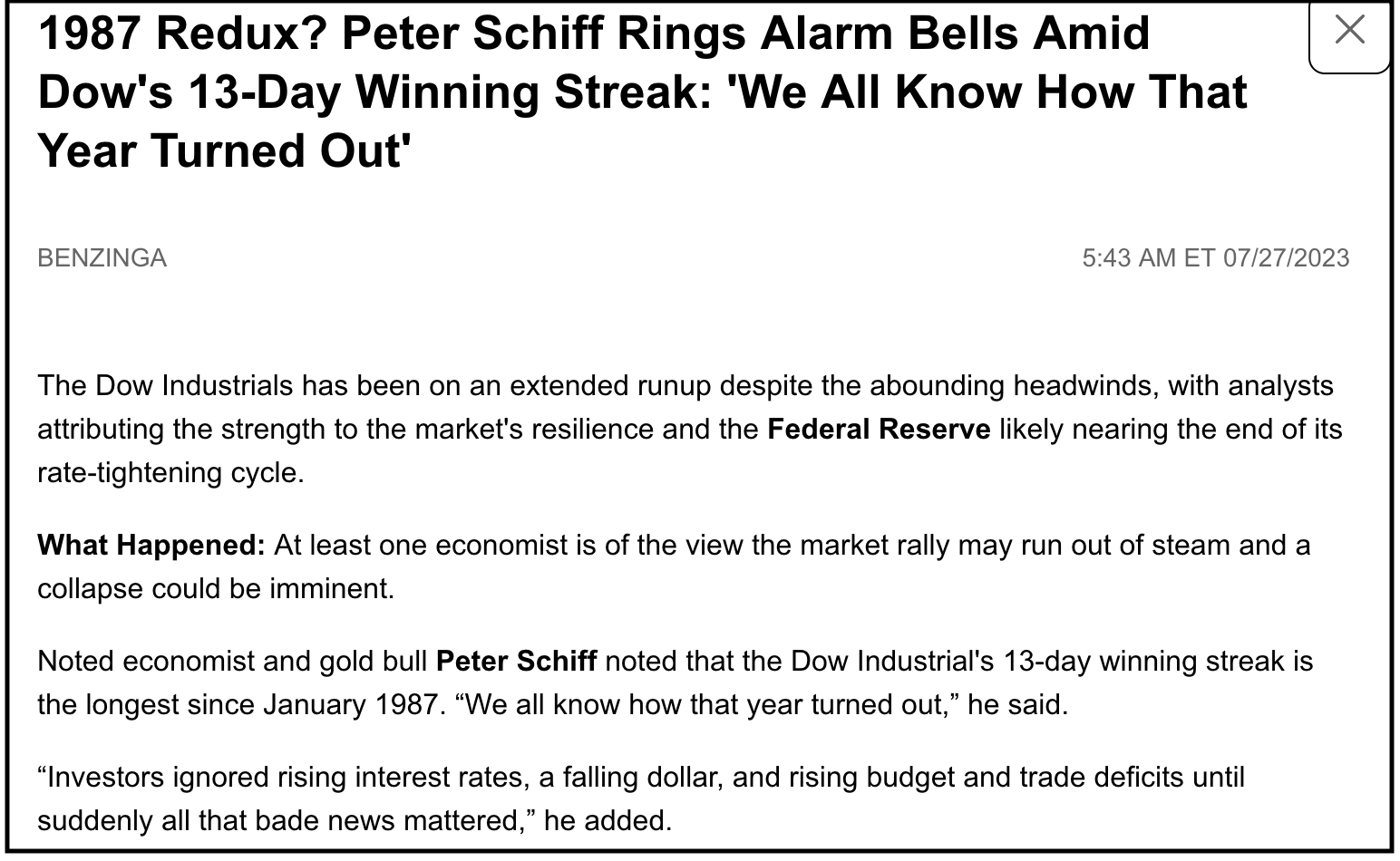 Read more about the article Perfect Indicator for My Bullish DJIA View: Peter Schiff Rings Alarm Bells