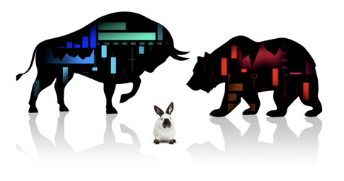 Silhouettes of a bull and a bear representing market trends, with a white rabbit sitting between them, all set against a white background.