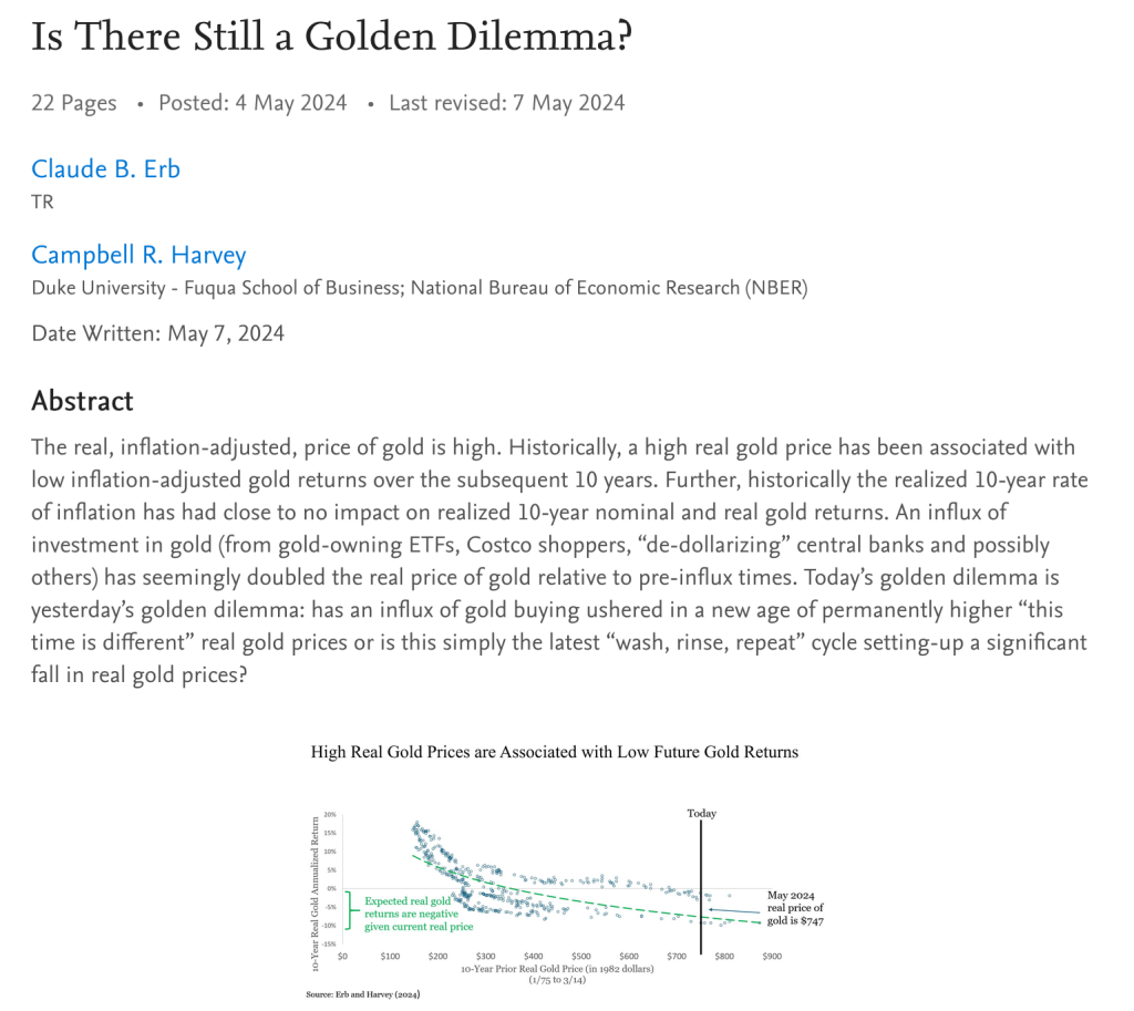 A detailed research paper titled 'Is There Still a Golden Dilemma?' discussing the high real price of gold and its historical implications for future returns, authored by Claude B. Erb and Campbell R. Harvey.